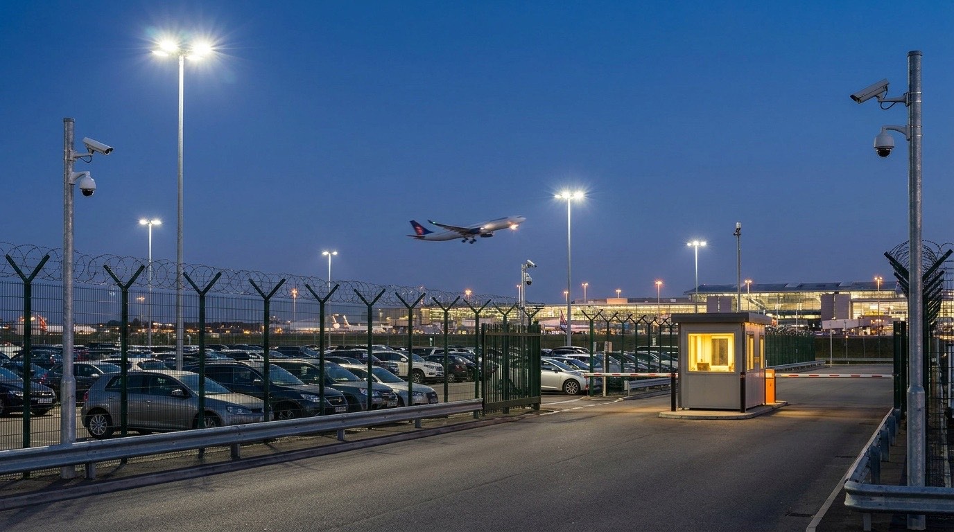 Oświetlony parking Safe Parking Chopin Airport 24 o zmierzchu, rzędy zaparkowanych aut na utwardzonym placu
